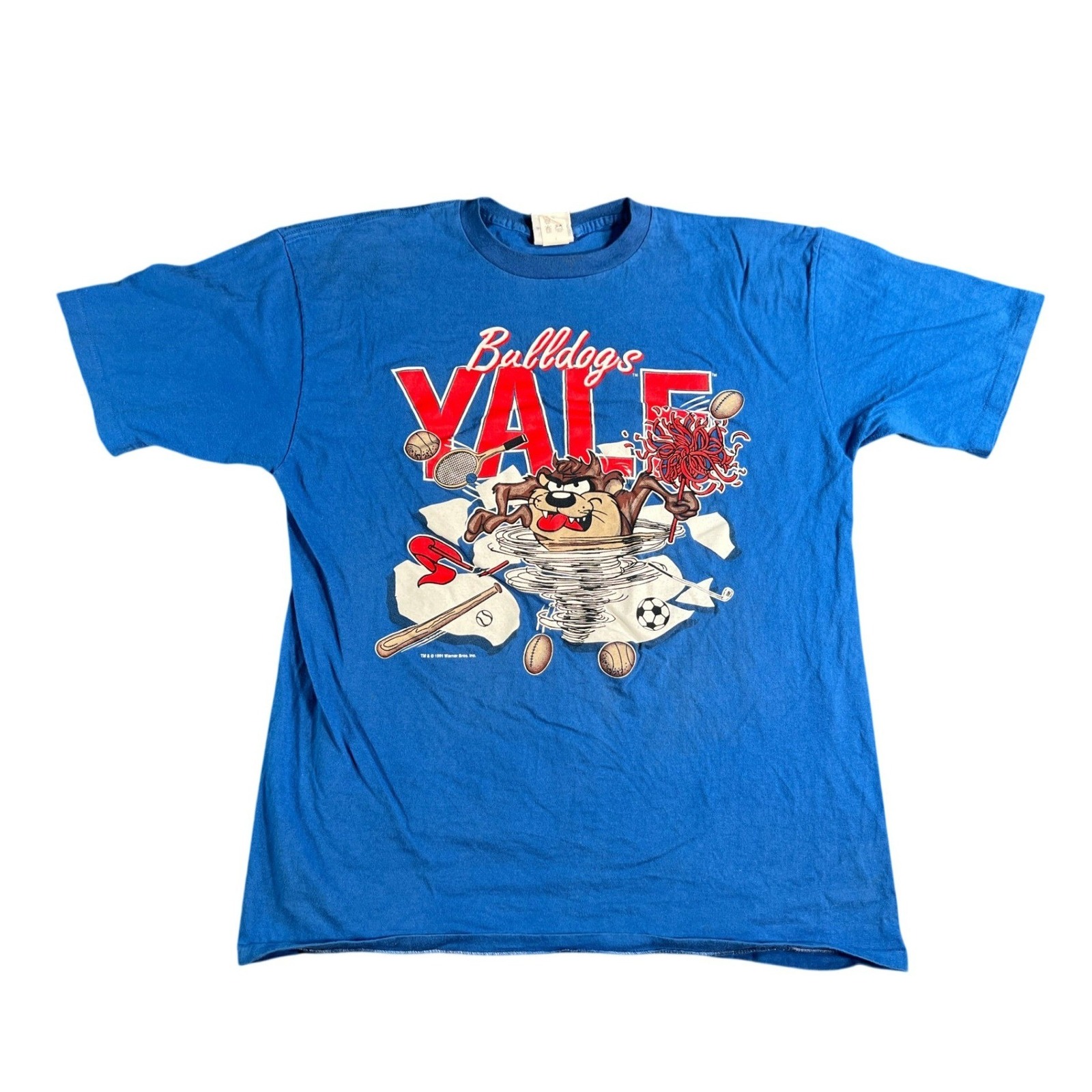 Vintage Yale Taz Bulldogs TShirt Mens Large Blue 1991 Looney Tunes Baseball